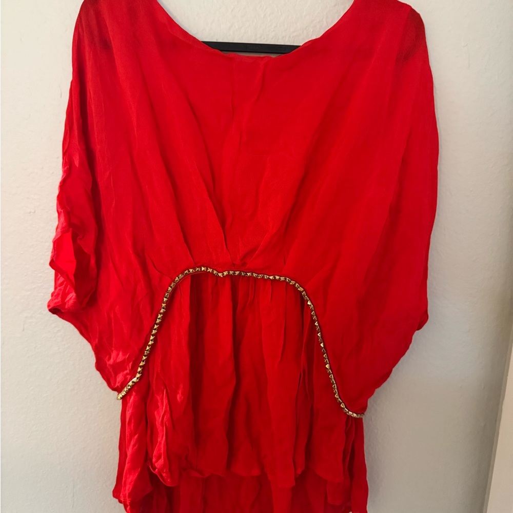 Red Asymmetrical 3/4 Sleeve Embellished Blouse